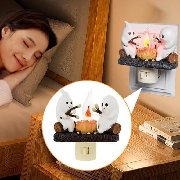 2025 New Ghost Campfire Flickering Nightlight-Ghost Pumpkin Night Light Dusk to Dawn Led Lamp, Funny Halloween Decor,Spooky Halloween Decorations& Gifts